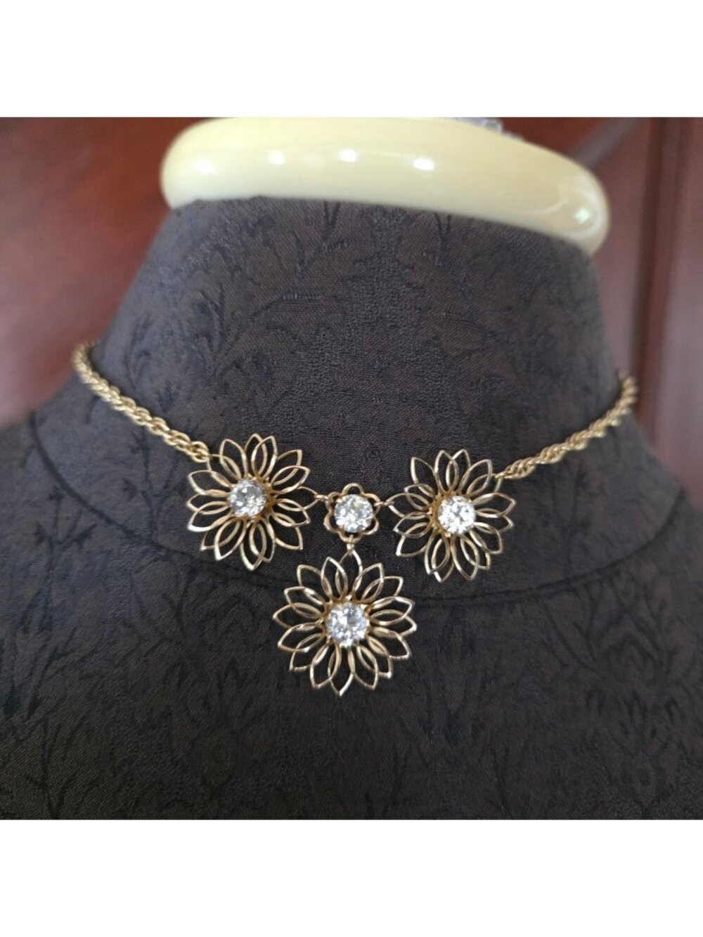 Gold-Tone Floral Necklace With Crystal Accents 16 Inches Delicate Chain